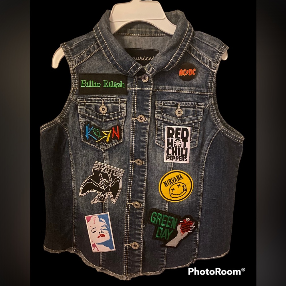 CUSTOMIZED DENIM VEST JACKET W/ THE ICONIC ROCK BANDS!! 16 PATCHES/1 BUTTON!!